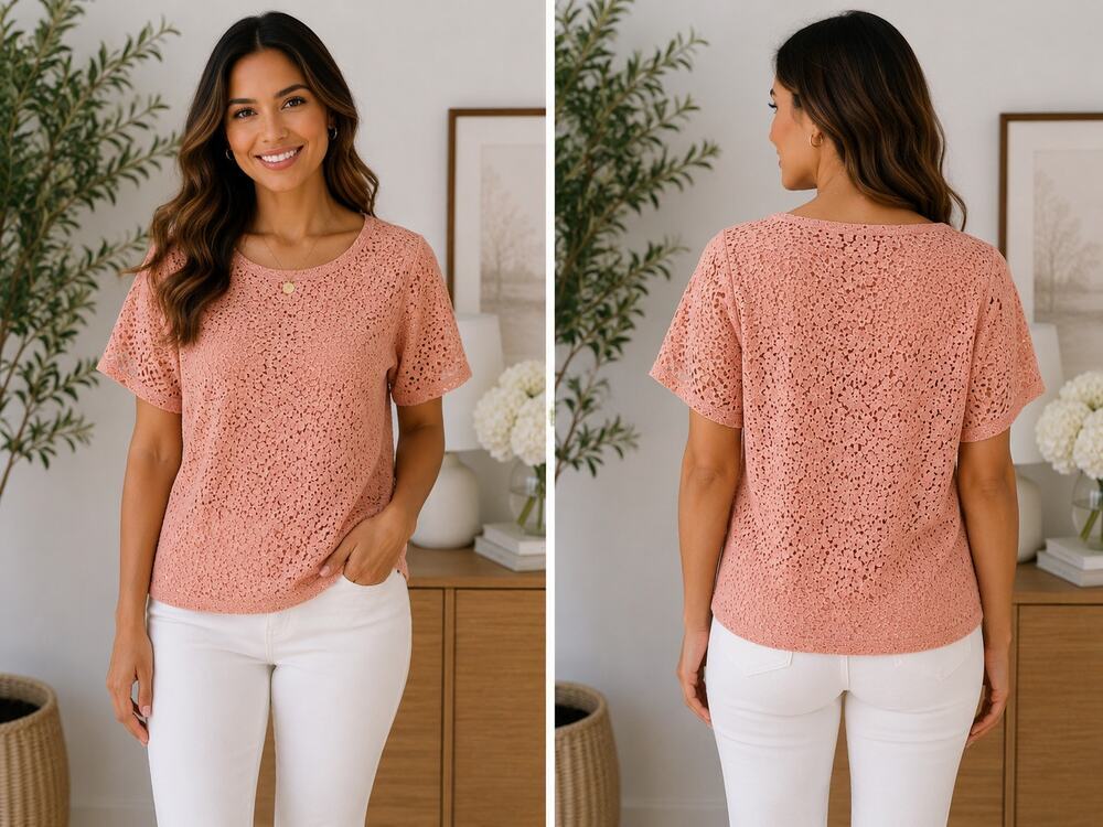 Pierre Cardin Pink Floral Crochet Lace Short Sleeve Top Large